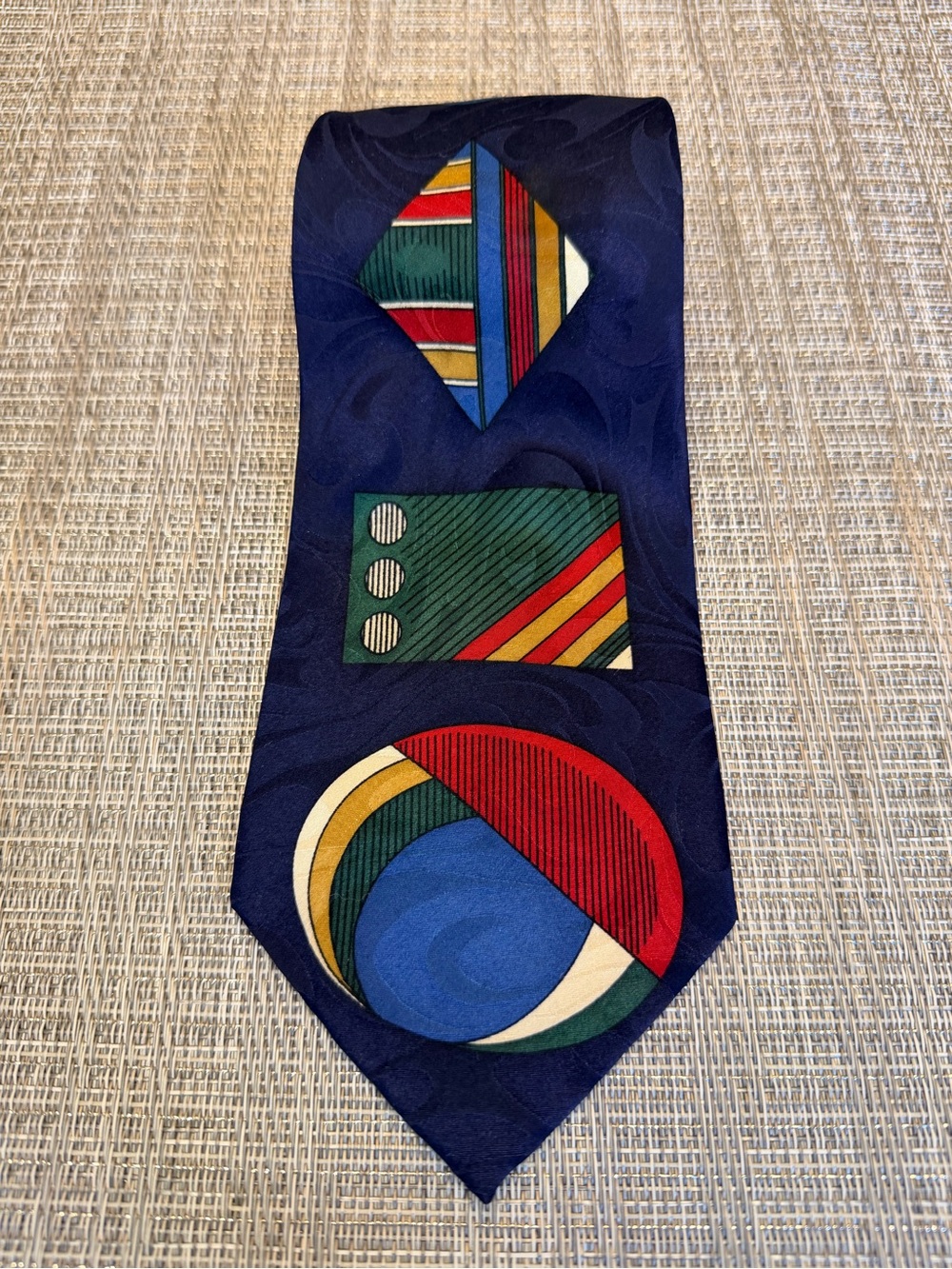 Albert Nipon Vintage 90s Silk Necktie Navy Geometric Abstract Designer Tie
